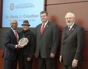 Trustee Shane Hooper, Dr. Betty J. Crouther, associate professor of art, Dr. Morris Stocks, Provost, and Trustee Aubrey Patterson.